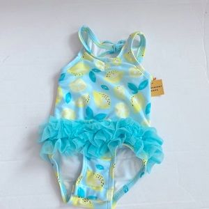 Cat & Jack baby girl blue lemon-print tutu swimsuit. Size 3-6 months. New.